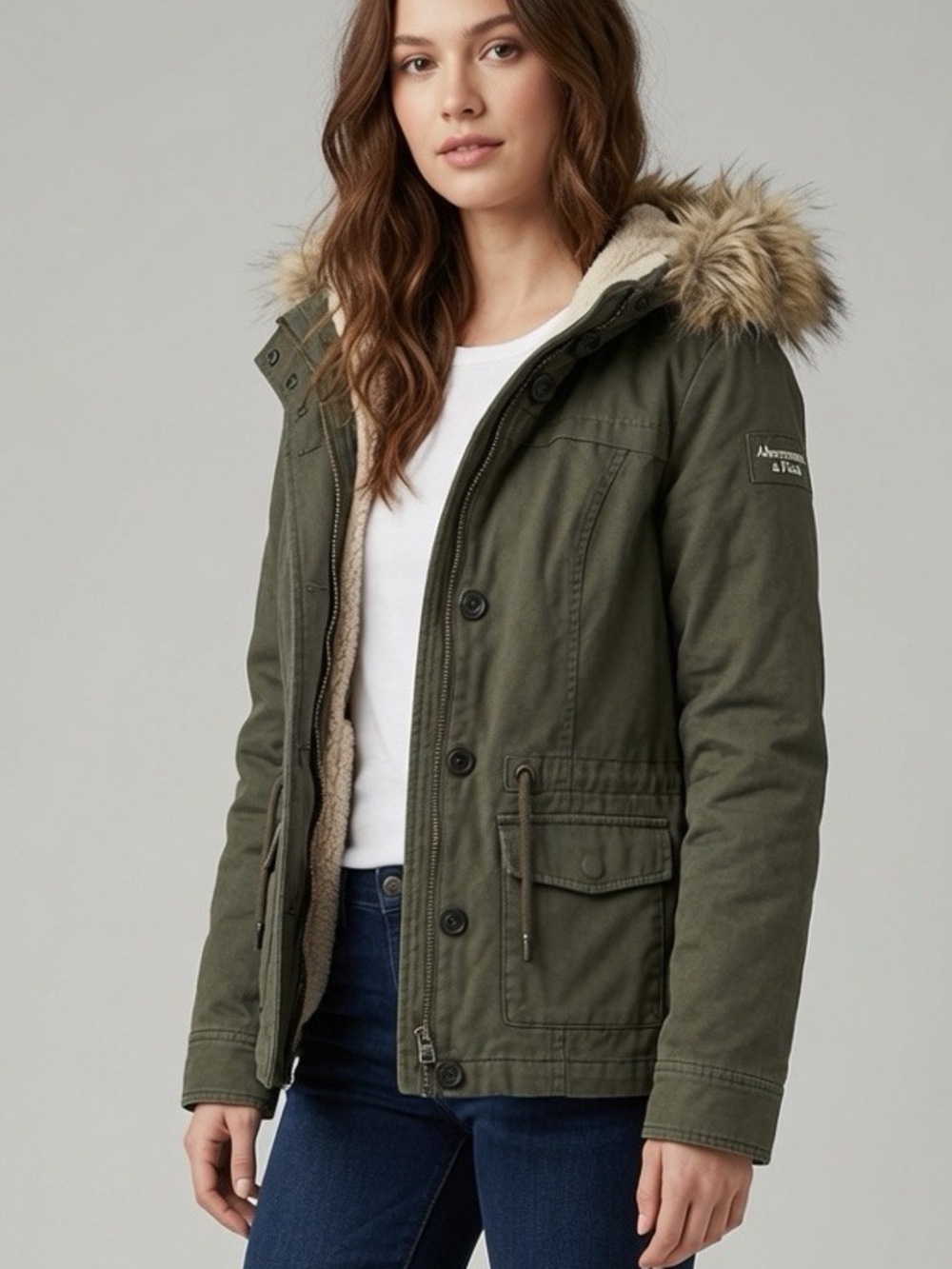 Abercrombie & Fitch Olive Green Utility Parka with Faux Fur removable Hood